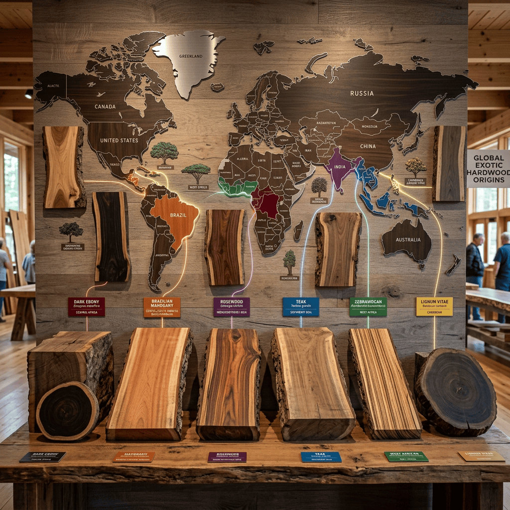 Labeled lineup showing the differences in wood grain and engineered construction between various wood types.