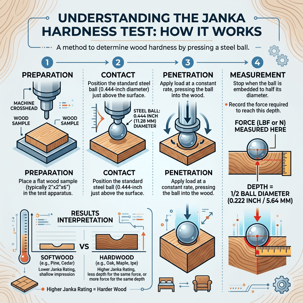 Wood hardness explained with a Janka scale test measuring resistance to dents in hardwood and softwood