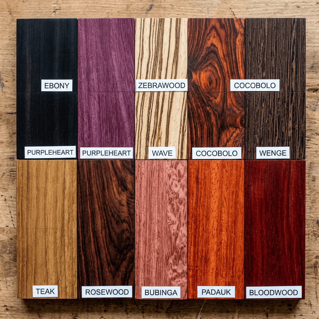 Close-up comparison of exotic woods displaying unique grain patterns, colors, and textures of the top 10 species