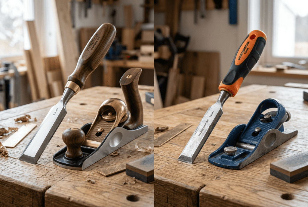 Comparison of essential hand tools showing quality woodworking tools with durable steel blades and ergonomic handles.