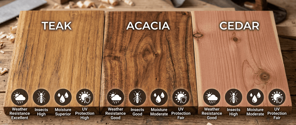 Infographic explaining the best wood for outdoor furniture with teak, acacia, and cedar durability characteristics.