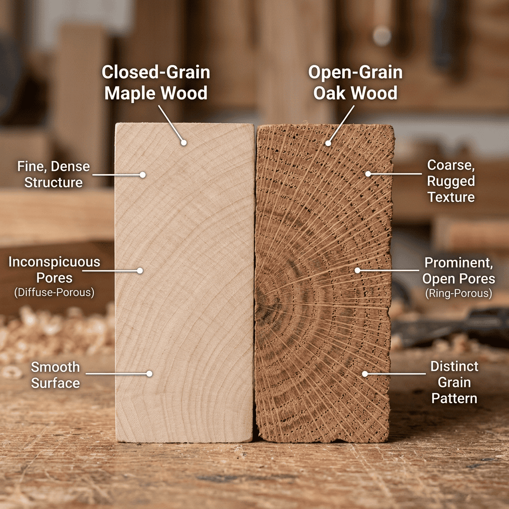 Safest wood for cutting boards illustrated by comparing closed-grain maple with open-grain hardwood structure.
