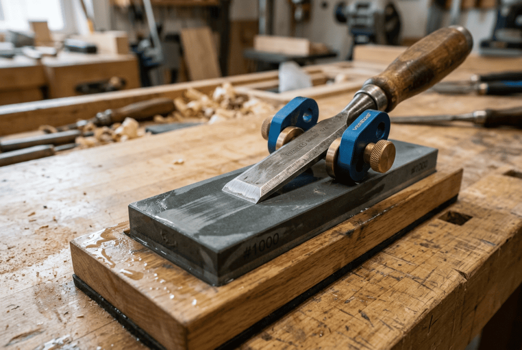 Woodworking tool maintenance showing sharpening woodworking tools with a honing guide and water stone.