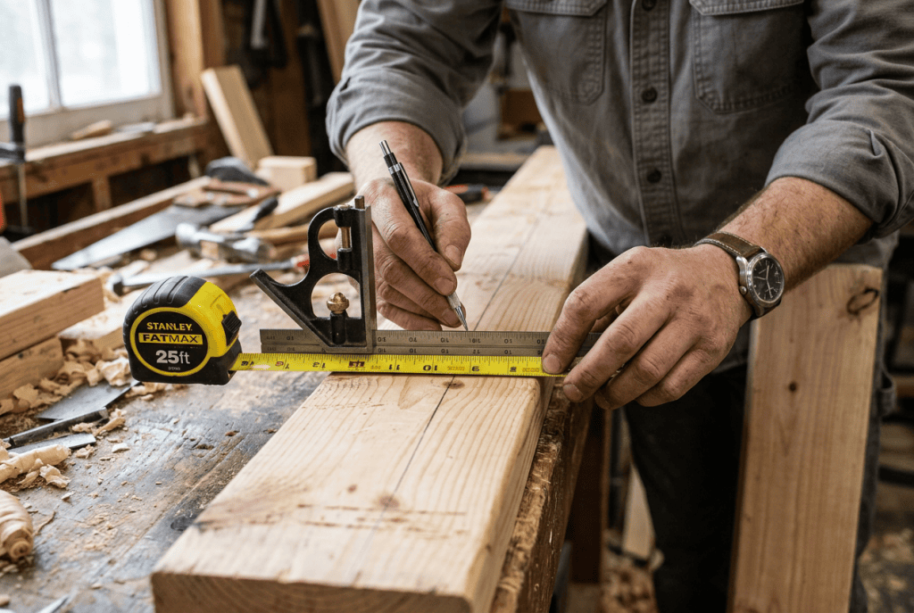 Woodworking tips for beginners demonstrating accurate measuring and marking techniques for woodworking projects.