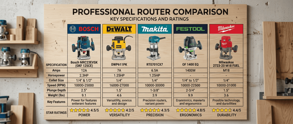 Best routers for woodworking comparison featuring Bosch, DeWalt, Makita, Festool, and Milwaukee models