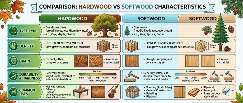 Hardwood vs softwood infographic comparing density, grain, durability, and tree types