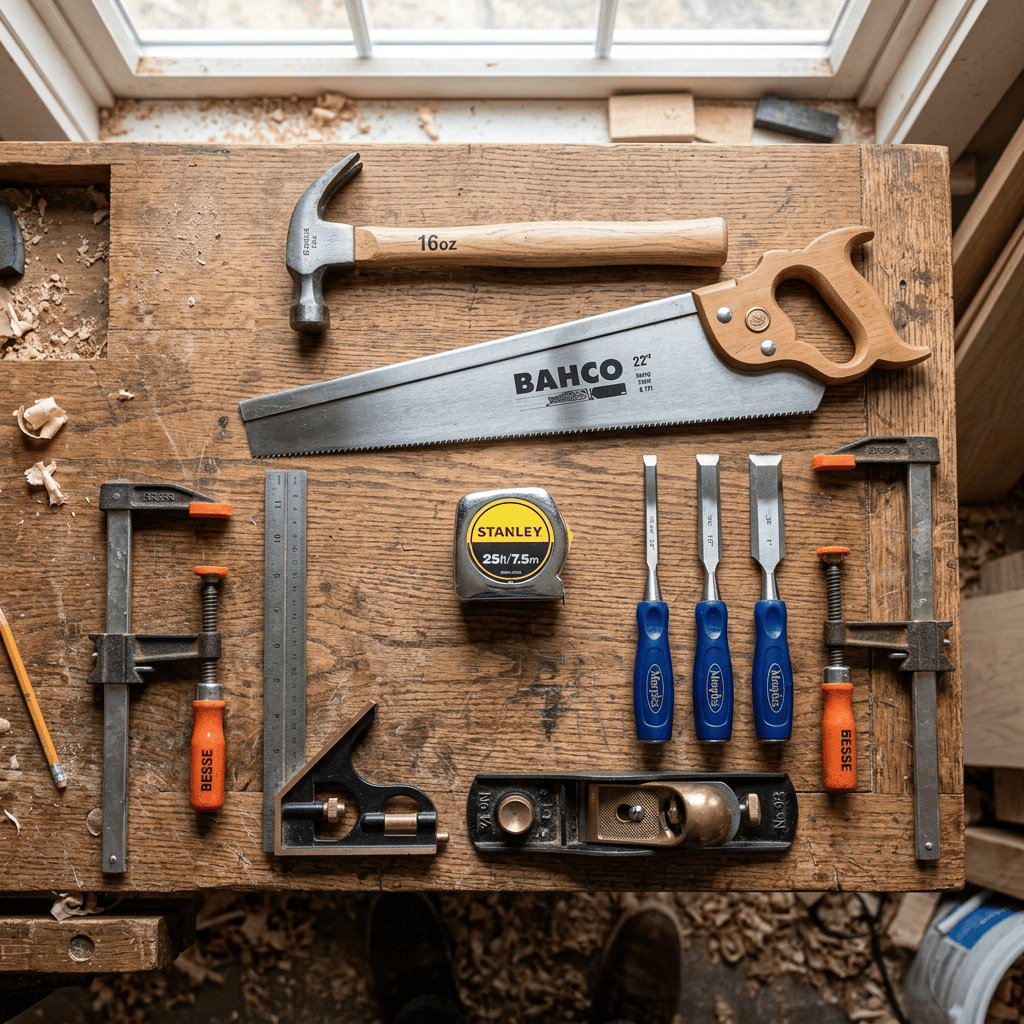 Essential quality woodworking tools for beginners including chisels, measuring tools, hand saws, and clamps.