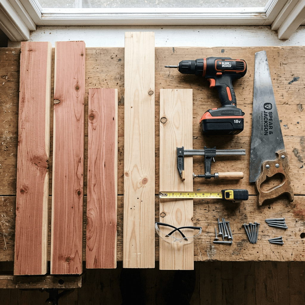DIY birdhouse plans materials including untreated pine boards, drill, saw, screws, measuring tape, and woodworking tools.