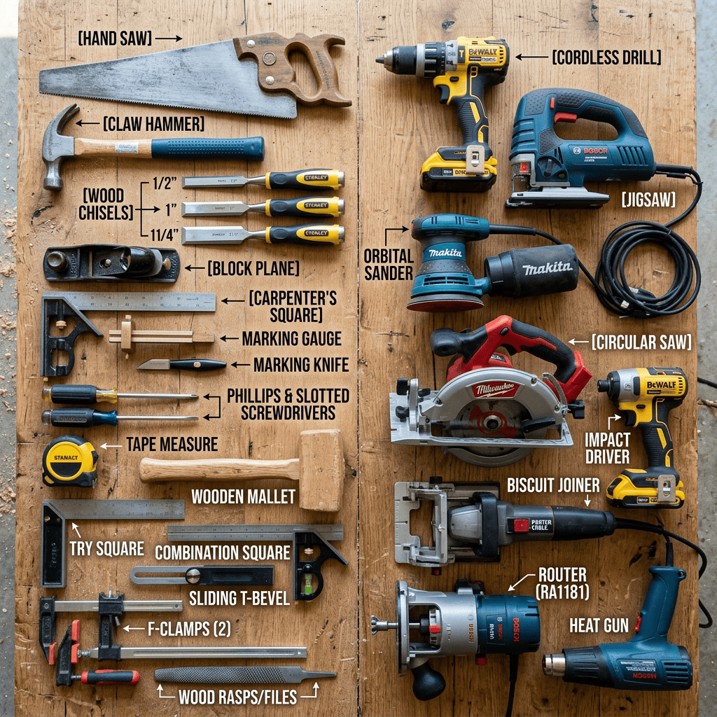 Woodworking tools including hand tools and power tools labeled for beginner woodworkers.