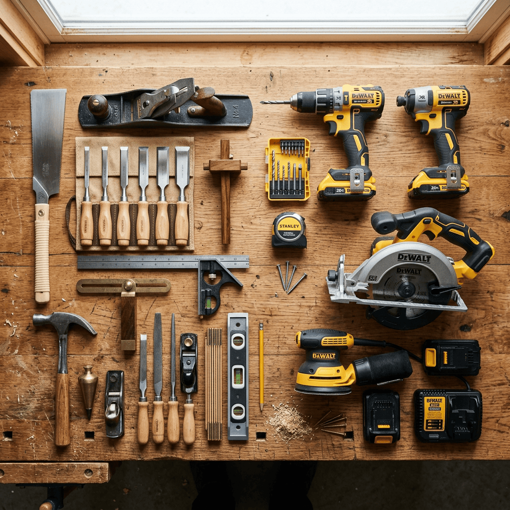 Hand tools vs. power tools comparison featuring essential woodworking tools for beginners