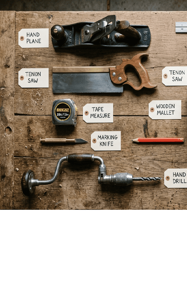 Essential woodworking tools for DIY including a drill, circular saw, chisels, clamps, measuring tools, and sander.