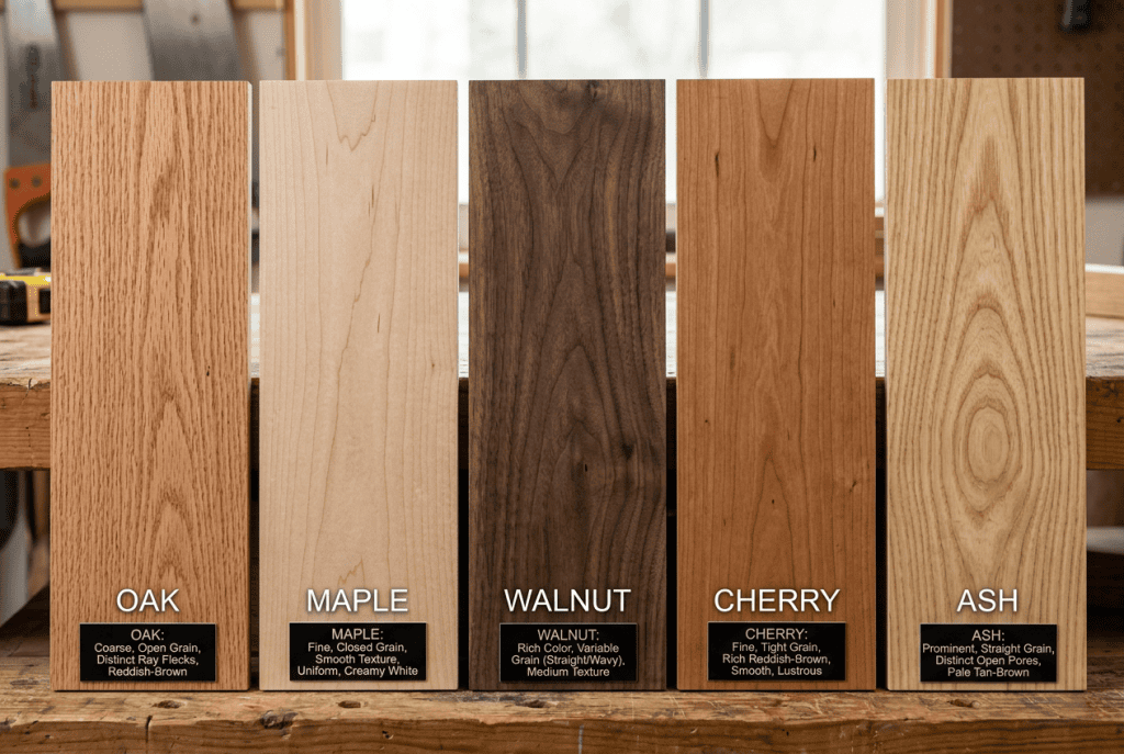 Stacked softwood lumber including pine and cedar demonstrating common wood types used in construction.