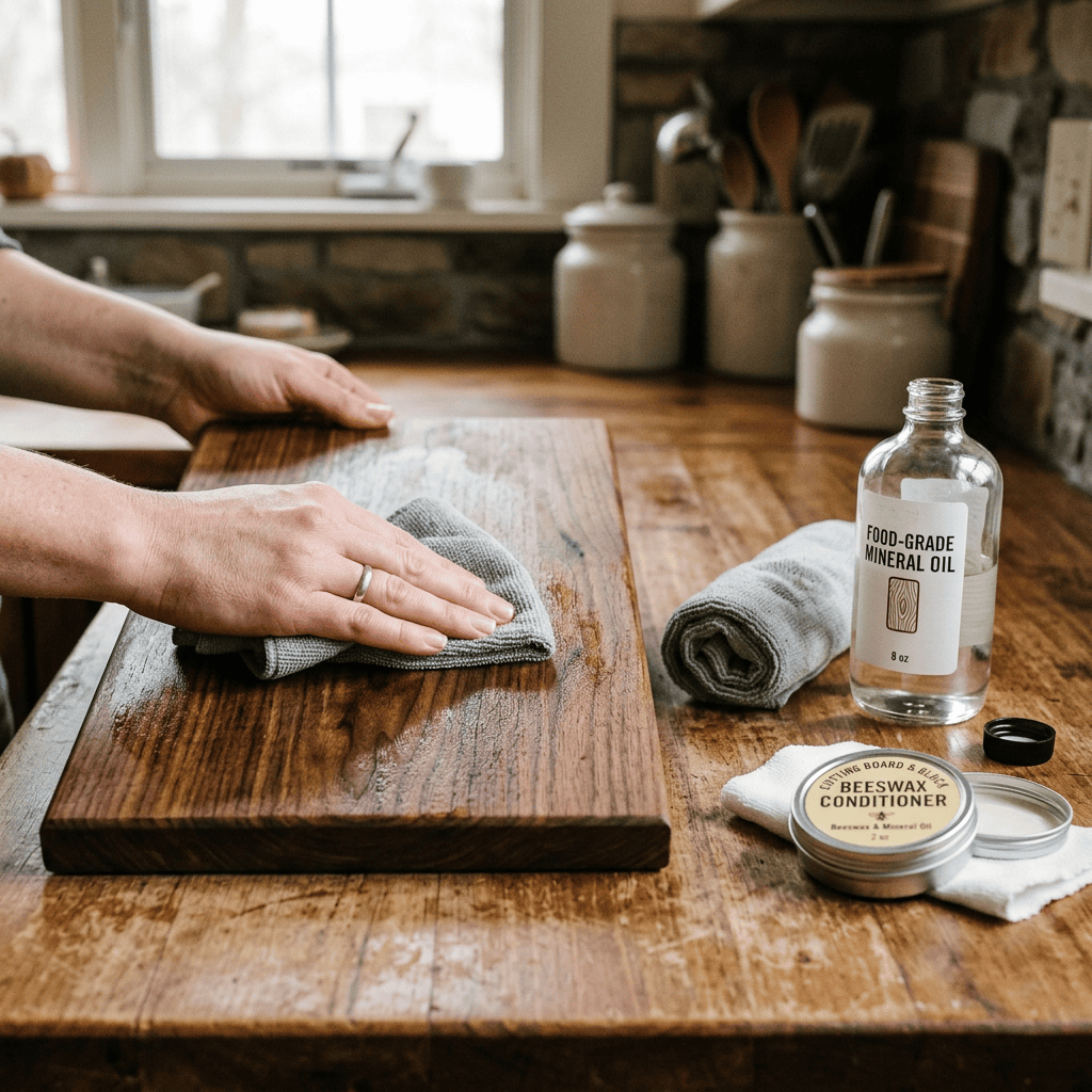 Safest wood for cutting boards maintenance using food-grade mineral oil to protect a maple cutting board.