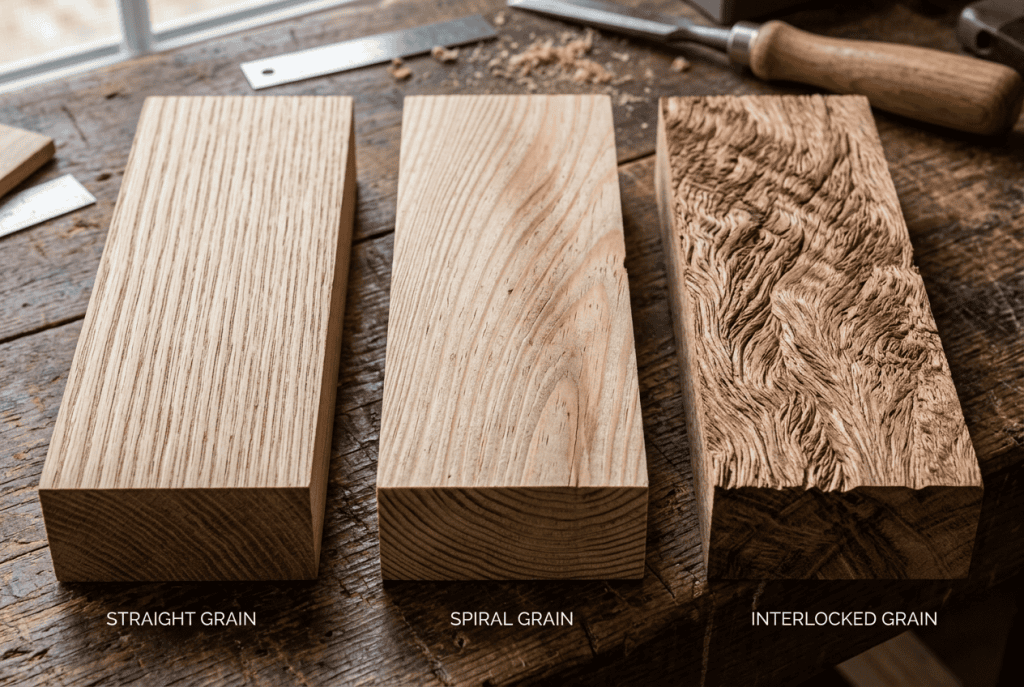 Close-up of various hardwood species showcasing unique grain patterns as part of wood types.