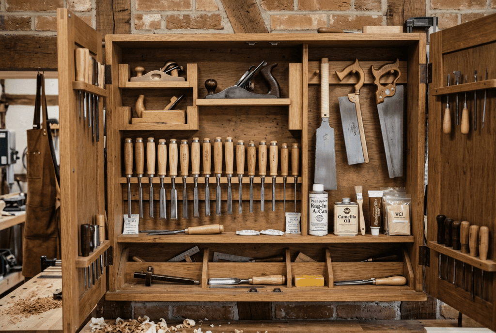 Woodworking tool maintenance illustrating proper tool storage solutions and protecting tools from rust.