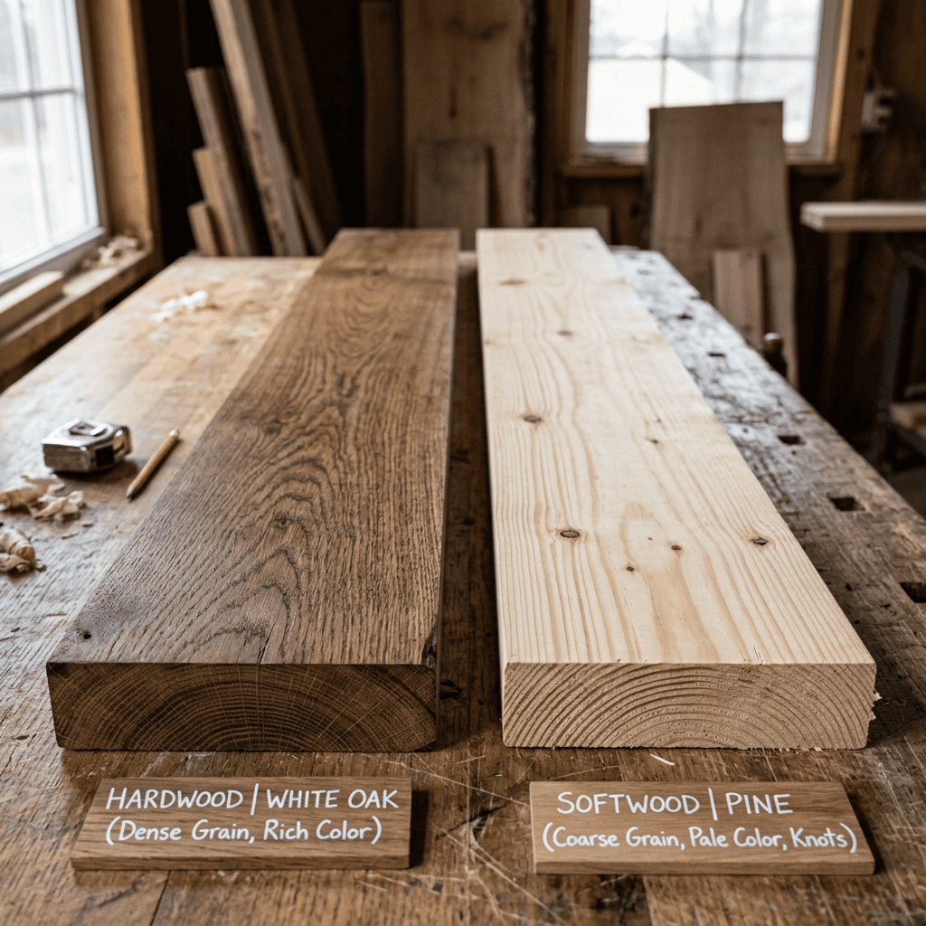 Best wood for furniture comparison showing hardwood and softwood wood species and grain patterns