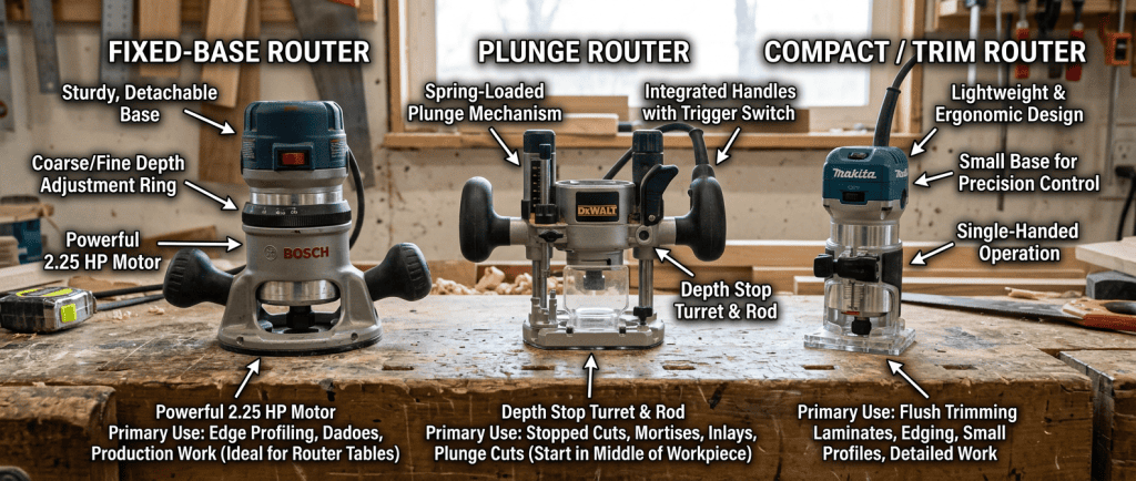 Best routers for woodworking comparison showing fixed-base, plunge, and compact trim routers
