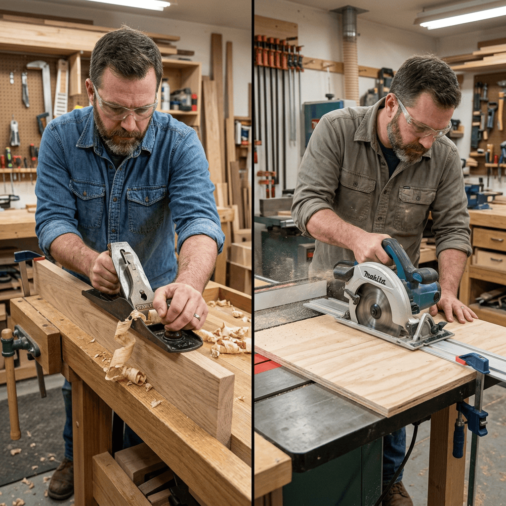 Woodworking tools comparison showing hand tools versus power tools during woodworking projects.
