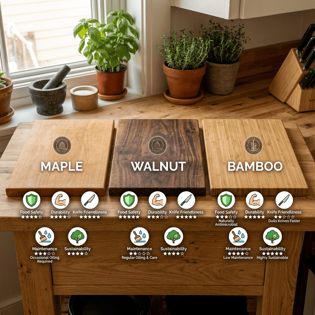 Safest wood for cutting boards comparison chart featuring maple, walnut, and bamboo cutting board materials.