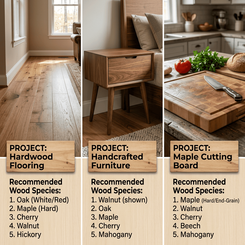 Wood hardness guide showing the best wood species for flooring furniture and cutting boards