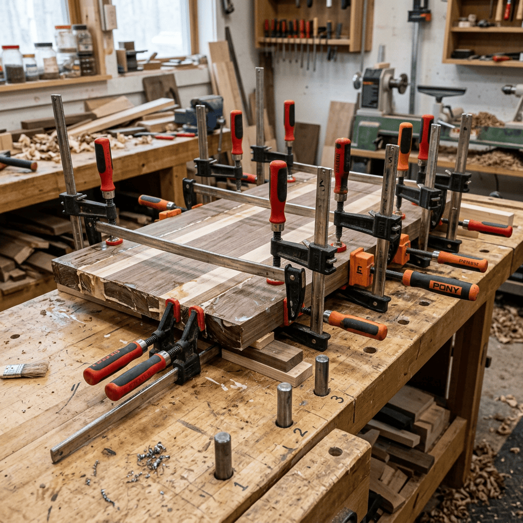 Woodworking accessories featuring bar clamps, bench dogs, and parallel clamps securing a woodworking project