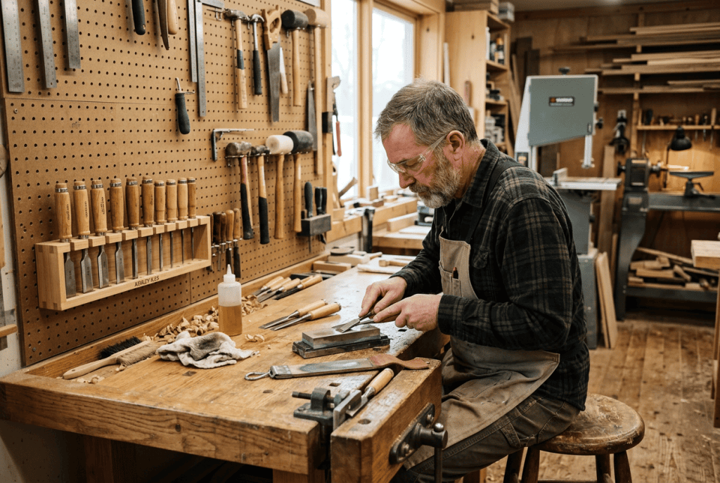 Maintaining quality woodworking tools through cleaning, sharpening, and safe workshop practices.