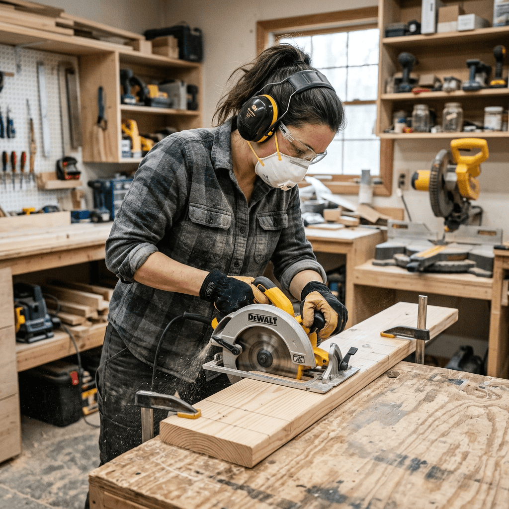 Woodworking tips for beginners illustrating proper woodworking safety equipment and safe tool usage.