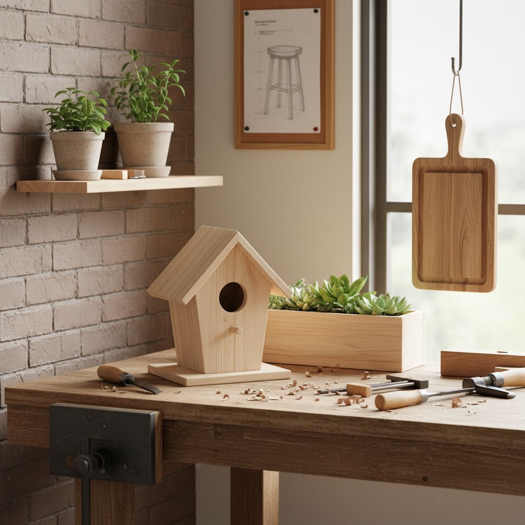 Beginner building a woodworking project with easy woodworking project ideas including shelves, birdhouses, and planter boxes.